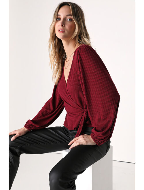 Lulus Everyday Fashionista Burgundy Knit Surplice Peplum Top