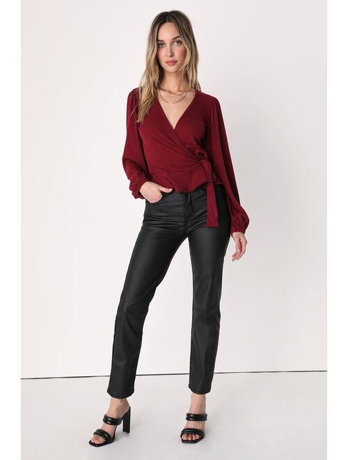 Lulus Everyday Fashionista Burgundy Knit Surplice Peplum Top