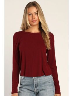 Sweet Side Burgundy Ribbed Cutout Long Sleeve Top