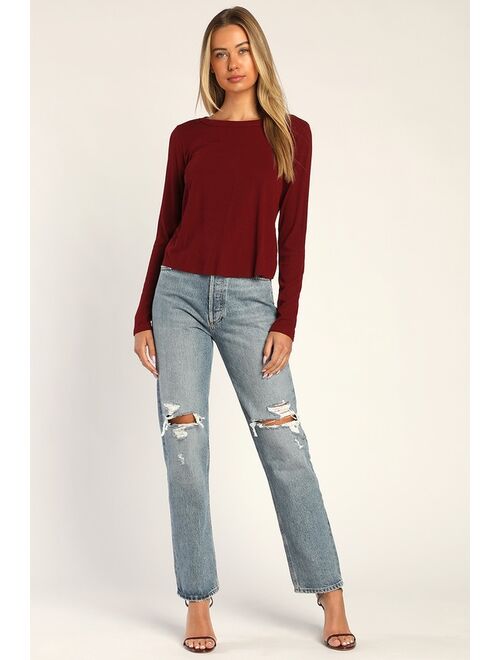 Lulus Sweet Side Burgundy Ribbed Cutout Long Sleeve Top