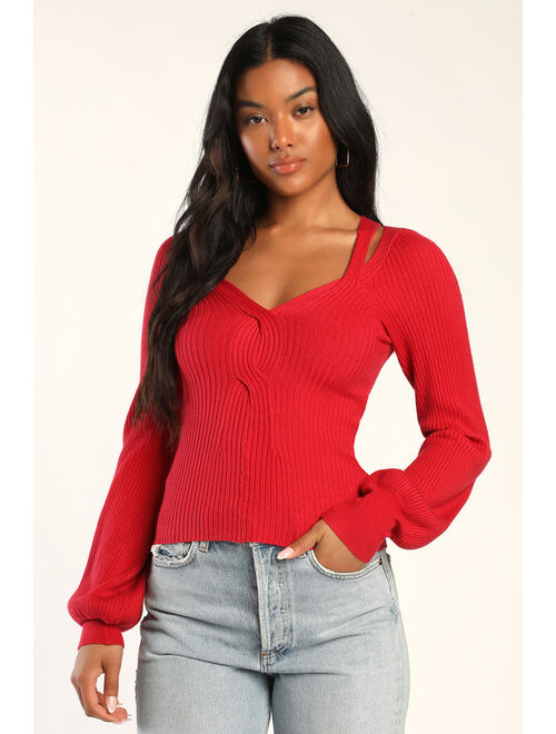 Lulus Everyday Love Red Ribbed Knit Long Sleeve Cutout Top