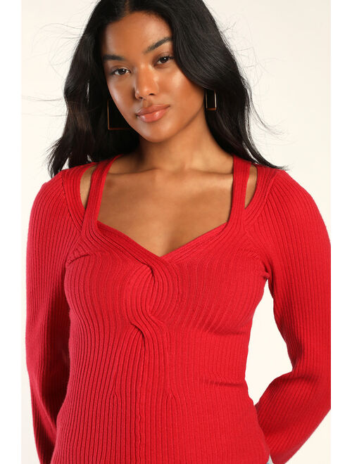 Lulus Everyday Love Red Ribbed Knit Long Sleeve Cutout Top