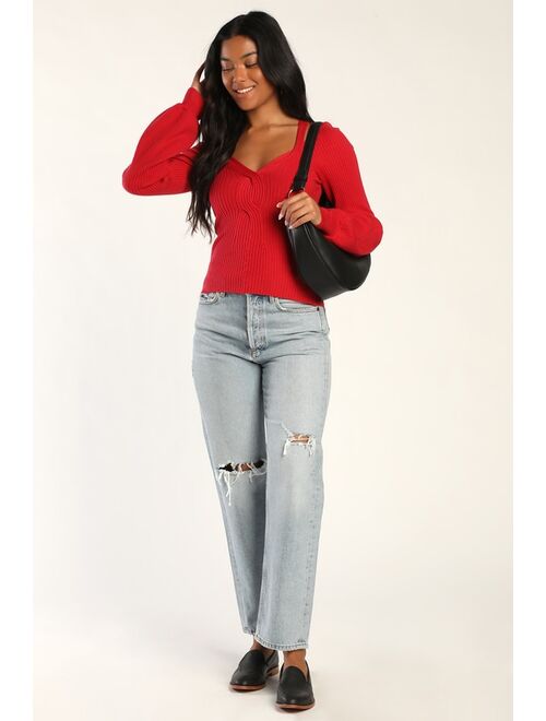 Lulus Everyday Love Red Ribbed Knit Long Sleeve Cutout Top