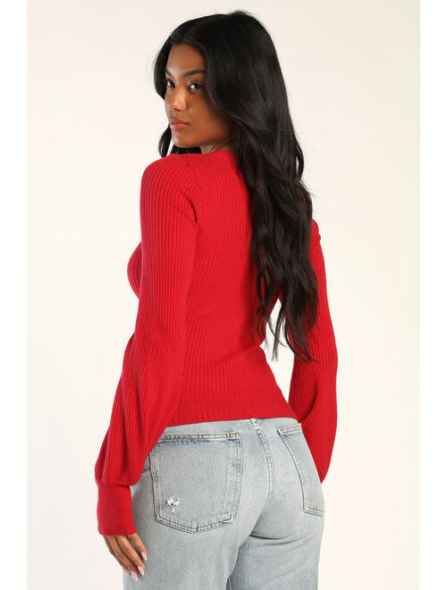 Lulus Everyday Love Red Ribbed Knit Long Sleeve Cutout Top