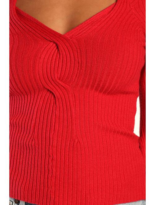 Lulus Everyday Love Red Ribbed Knit Long Sleeve Cutout Top