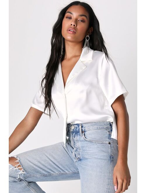 Lulus C'est La Vie White Satin Short Sleeve Button-Up Top