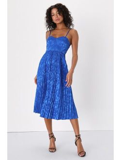 Chic Sensibility Cobalt Blue Satin Jacquard Pleated Midi Dress