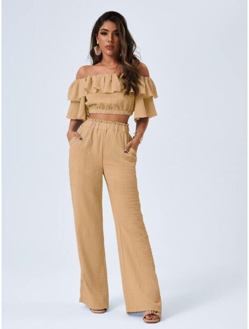 Shein Off Shoulder Crop Top & Paperbag Waist Pants Set