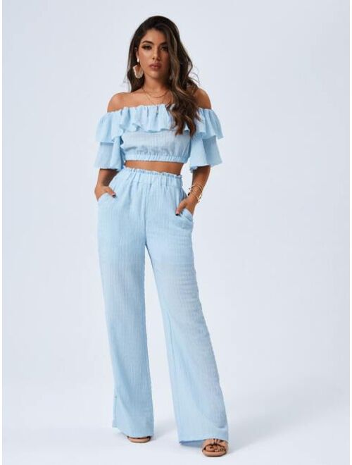 Shein Off Shoulder Crop Top & Paperbag Waist Pants Set