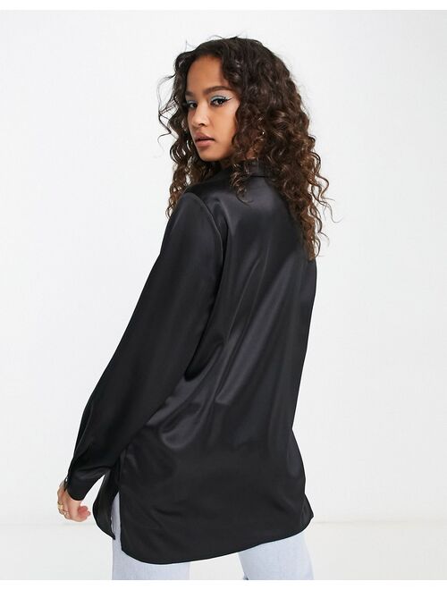 Miss Selfridge oversized satin shirt with diamante buttons in black