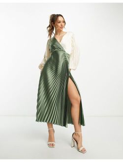 pleated satin wrap button detail midi dress in khaki and cream color block