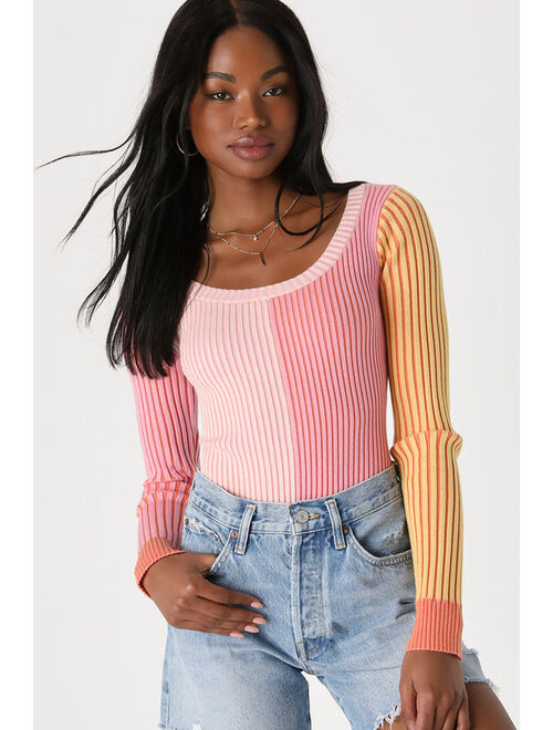 Lulus Mod Cutie Pink Color Block Ribbed Long Sleeve Bodysuit