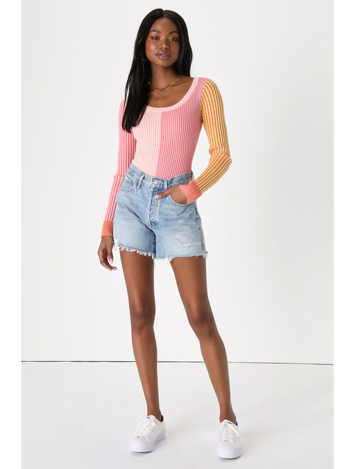 Lulus Mod Cutie Pink Color Block Ribbed Long Sleeve Bodysuit