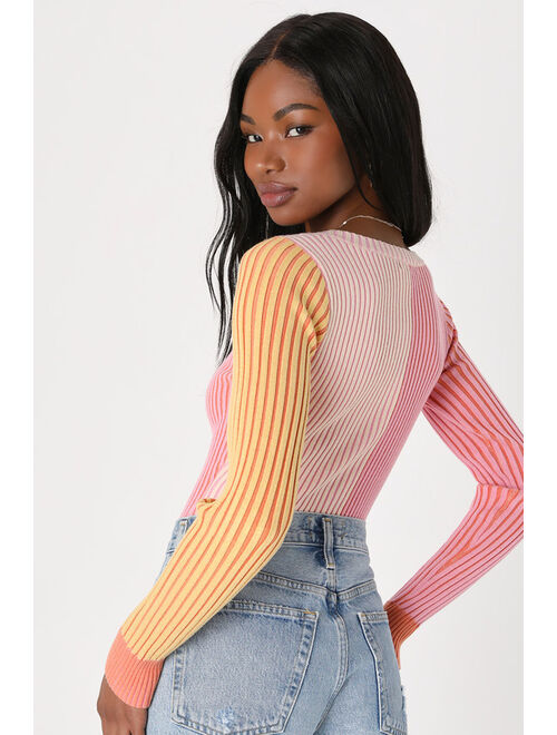 Lulus Mod Cutie Pink Color Block Ribbed Long Sleeve Bodysuit