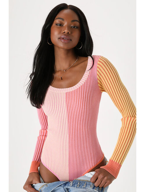 Lulus Mod Cutie Pink Color Block Ribbed Long Sleeve Bodysuit