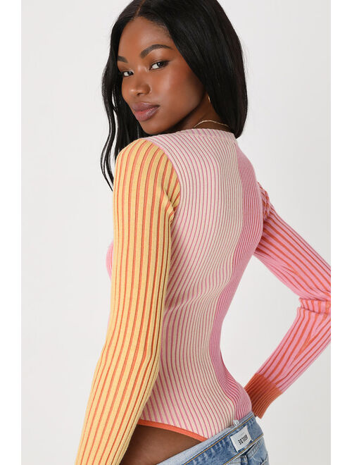 Lulus Mod Cutie Pink Color Block Ribbed Long Sleeve Bodysuit