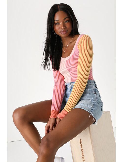 Lulus Mod Cutie Pink Color Block Ribbed Long Sleeve Bodysuit