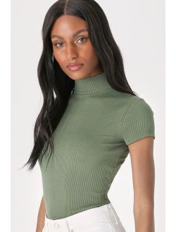 Never-ending Trend Olive Green Ribbed Mock Neck Bodysuit