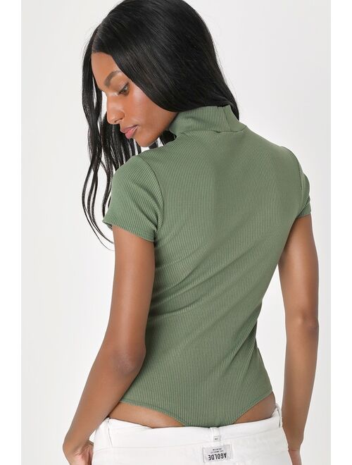 Lulus Never-ending Trend Olive Green Ribbed Mock Neck Bodysuit