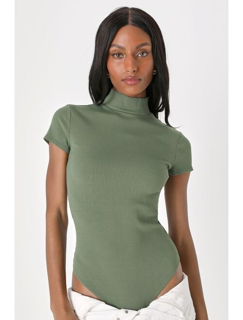 Lulus Never-ending Trend Olive Green Ribbed Mock Neck Bodysuit