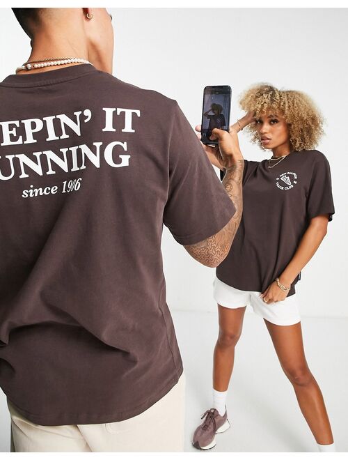 New Balance Unisex runners club T-shirt in dark brown - Exclusive to ASOS