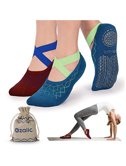 Ozaiic Yoga Socks for Women Non-Slip Grips & Straps, Ideal for Pilates, Pure Barre, Ballet, Dance, Barefoot Workout