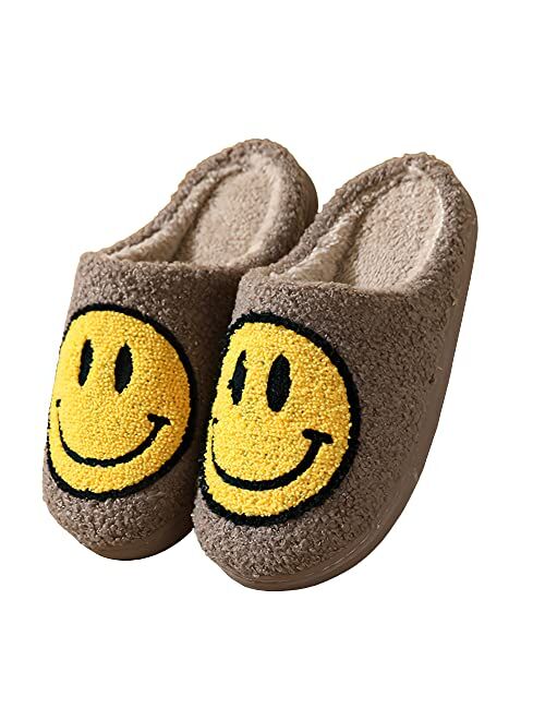 Rcuyyl Happy Face Slippers for Women Retro Soft Plush Lightweight House Slippers Warm Cozy Plush Slippers Slip-on Cozy Indoor Outdoor Slippers