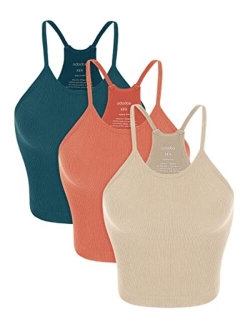 ODODOS Women's Crop 3-Pack Washed Seamless Rib-Knit Camisole Crop Tank Tops