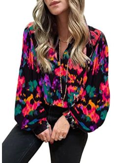 FARYSAYS Women's Casual Boho Abstract Print V Neck Lantern Long Sleeve Tops Loose Blouses Shirts