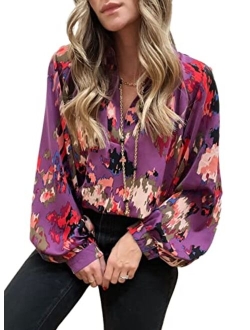 FARYSAYS Women's Casual Boho Abstract Print V Neck Lantern Long Sleeve Tops Loose Blouses Shirts