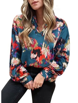 FARYSAYS Women's Casual Boho Abstract Print V Neck Lantern Long Sleeve Tops Loose Blouses Shirts