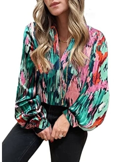 FARYSAYS Women's Casual Boho Abstract Print V Neck Lantern Long Sleeve Tops Loose Blouses Shirts