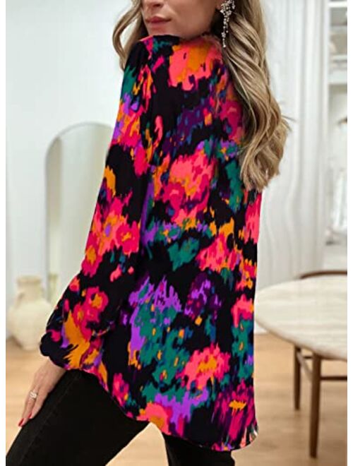 FARYSAYS Women's Casual Boho Abstract Print V Neck Lantern Long Sleeve Tops Loose Blouses Shirts