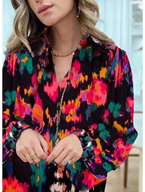 FARYSAYS Women's Casual Boho Abstract Print V Neck Lantern Long Sleeve Tops Loose Blouses Shirts