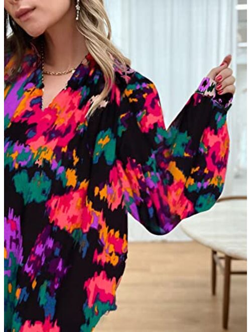 FARYSAYS Women's Casual Boho Abstract Print V Neck Lantern Long Sleeve Tops Loose Blouses Shirts