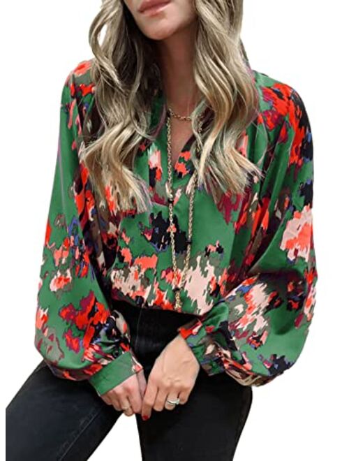 FARYSAYS Women's Casual Boho Abstract Print V Neck Lantern Long Sleeve Tops Loose Blouses Shirts