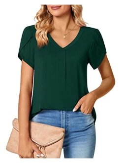 Bestbee Women's Petal Sleeve Tops V Neck Short Sleeve Shirts Cute Summer Casual T-Shirts Loose Fit Blouses