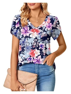 Bestbee Women's Petal Sleeve Tops V Neck Short Sleeve Shirts Cute Summer Casual T-Shirts Loose Fit Blouses