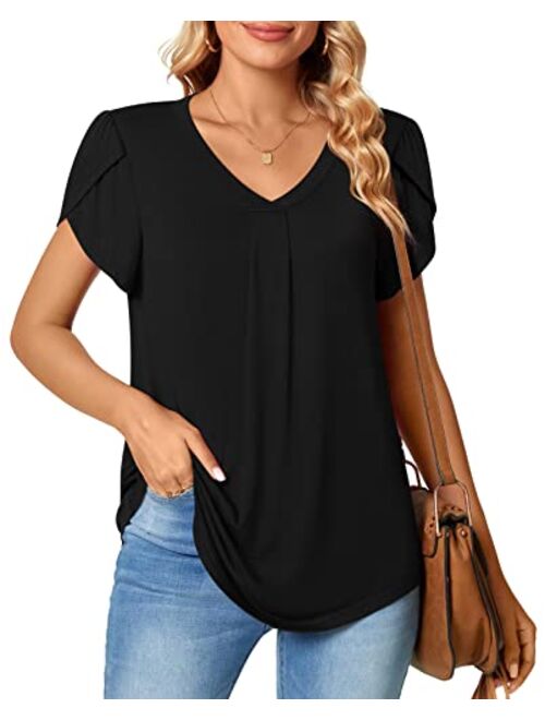 Bestbee Women's Petal Sleeve Tops V Neck Short Sleeve Shirts Cute Summer Casual T-Shirts Loose Fit Blouses