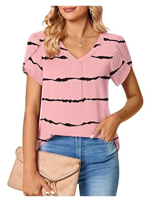 Bestbee Women's Petal Sleeve Tops V Neck Short Sleeve Shirts Cute Summer Casual T-Shirts Loose Fit Blouses