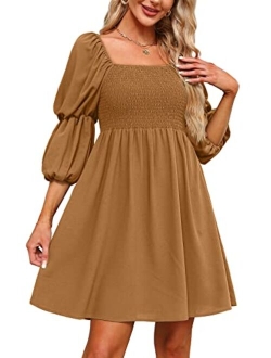 OFEEFAN Womens Dresses Square Neck Puff Sleeve Smocked Chest Off Shoulder Babydoll Mini Dress