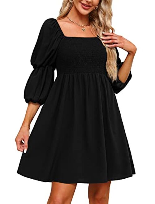 OFEEFAN Womens Dresses Square Neck Puff Sleeve Smocked Chest Off Shoulder Babydoll Mini Dress