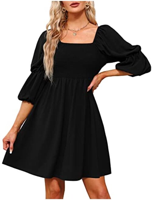 OFEEFAN Womens Dresses Square Neck Puff Sleeve Smocked Chest Off Shoulder Babydoll Mini Dress