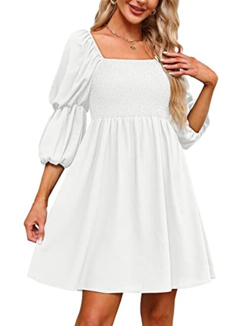 OFEEFAN Womens Dresses Square Neck Puff Sleeve Smocked Chest Off Shoulder Babydoll Mini Dress