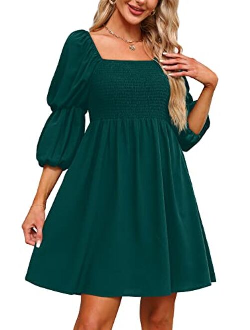 OFEEFAN Womens Dresses Square Neck Puff Sleeve Smocked Chest Off Shoulder Babydoll Mini Dress