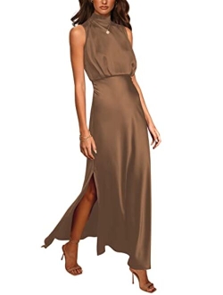 Women's Summer Long Formal Satin Dress Mock Neck Sleeveless Side Slit Flowy Maxi Tank Dresses