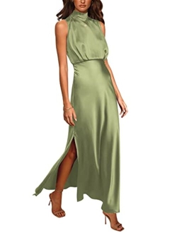 Women's Summer Long Formal Satin Dress Mock Neck Sleeveless Side Slit Flowy Maxi Tank Dresses