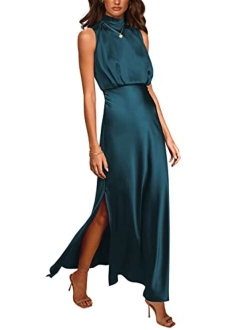 Women's Summer Long Formal Satin Dress Mock Neck Sleeveless Side Slit Flowy Maxi Tank Dresses