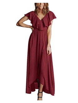 BTFBM Women's Summer Chiffon Maxi Dresses Deep V Neck Ruffle Short Sleeve Beach Party Cocktail Flowy Wrap Dress with Belt