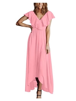 BTFBM Women's Summer Chiffon Maxi Dresses Deep V Neck Ruffle Short Sleeve Beach Party Cocktail Flowy Wrap Dress with Belt